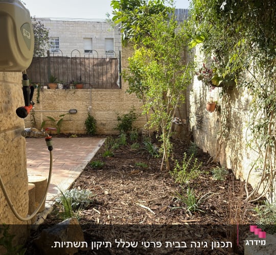 גינה עם צינור השקיה, עצים וצמחים צעירים